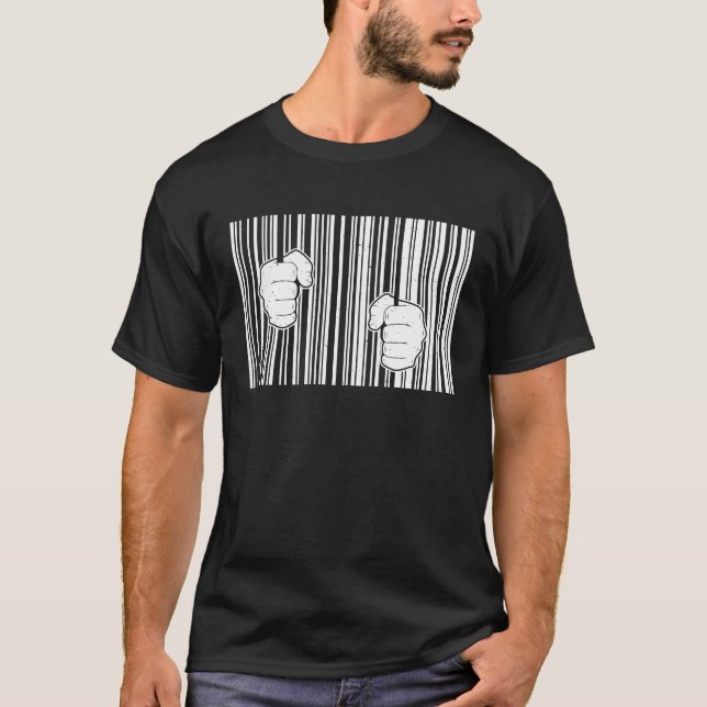 Camiseta Prisioneiro de Consumo de Código do bar (Frente)