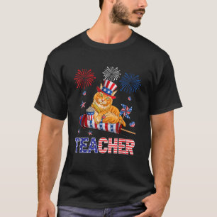Camiseta Professor Cute Maine Coon 4 de julho Bandeira Amer