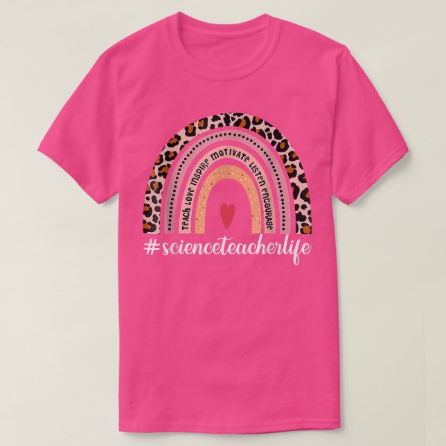 Camiseta Professor de Ciência Life Leopard Rainbow Volta À  (Frente do Design)