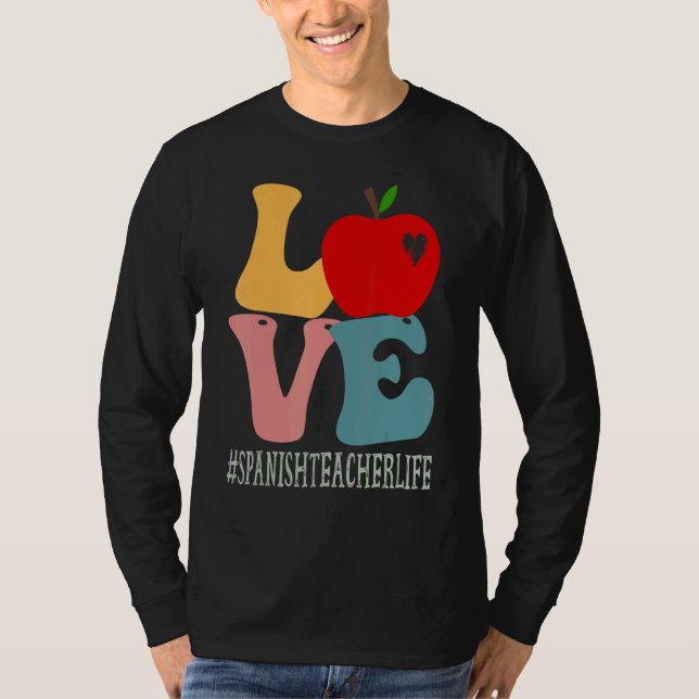 Camiseta Professor de Espanhol Ama Maçã Groovy Retro Fofo C (Frente)