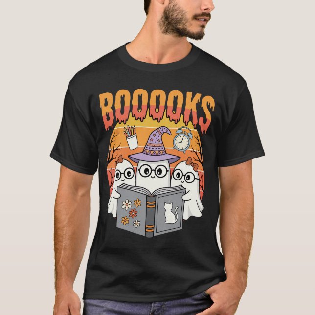 Camiseta Professor de Halloween BOOOOOKS Leitura de Fantasm (Frente)
