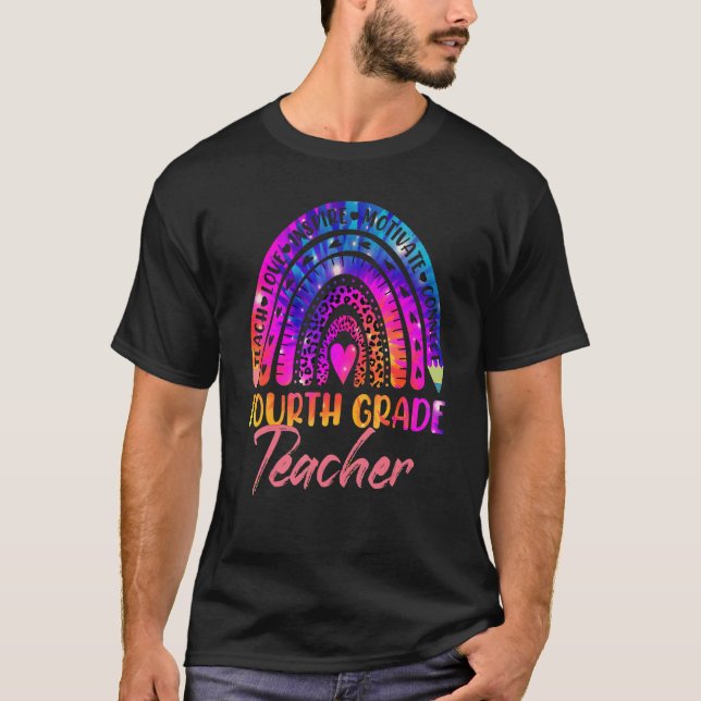 Camiseta Professor do 4º ano Leopard Rainbow Tie Dye de vol (Frente)