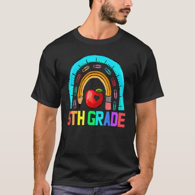 Camiseta Professor do 5º ano Leopard Rainbow 5 Grade Teache (Frente)