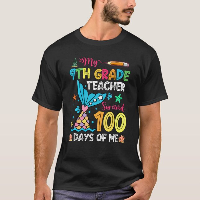 Camiseta Professor do 9º ano Fish Tail sobreviveu 100 dias  (Frente)