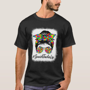 Camiseta Professor espanhol Messy Bun Apoiando Autism Aware