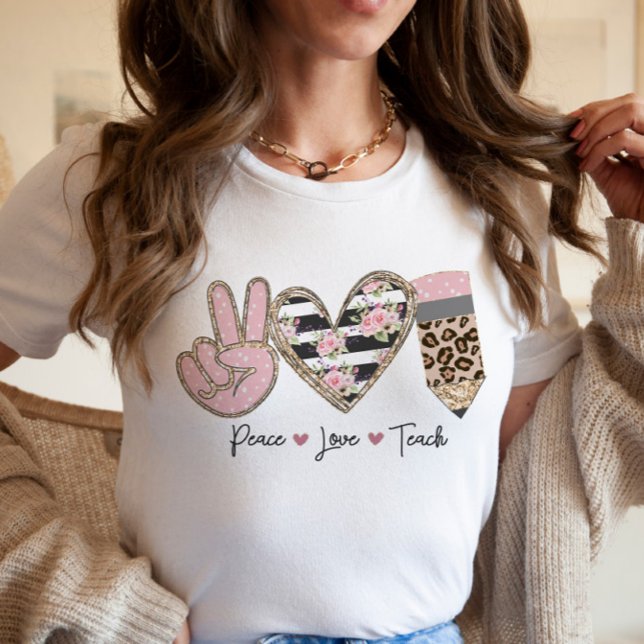 Camiseta Professor Peace Love Teach Floral Modern (Criador carregado)