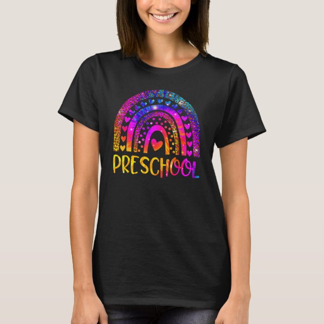 Camiseta Professora Da Pré-Escola Leopard Tie Dye Rainbow D (Frente)