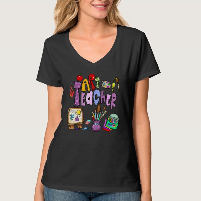 Camiseta Professora De Arte De Volta À Escola Comendo Ensin (Frente)