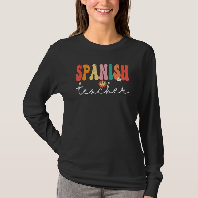 Camiseta Professora de Espanhol Retro Groovy Mulheres Feliz (Frente)