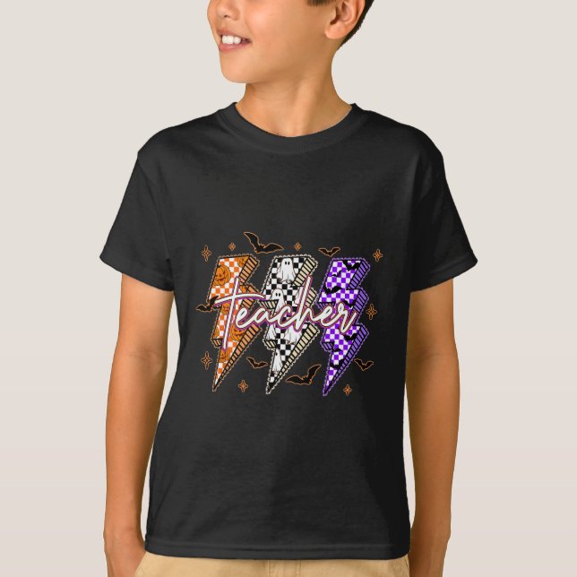 Camiseta Professora De Halloween Lighting Ghost Pumpkin Tri (Frente)