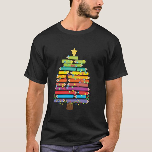 Camiseta Professora Natal Crayon Tree Light Oferece Present (Frente)