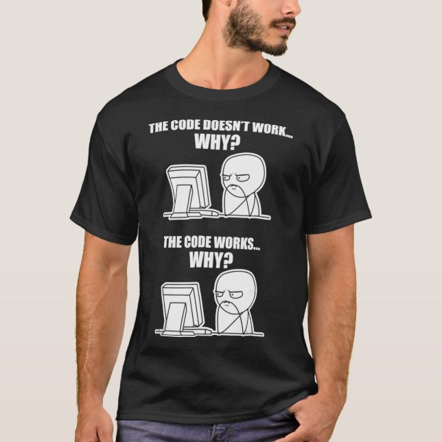 Camiseta Programador Engraçado - Código Funciona Por Que Me (Frente)