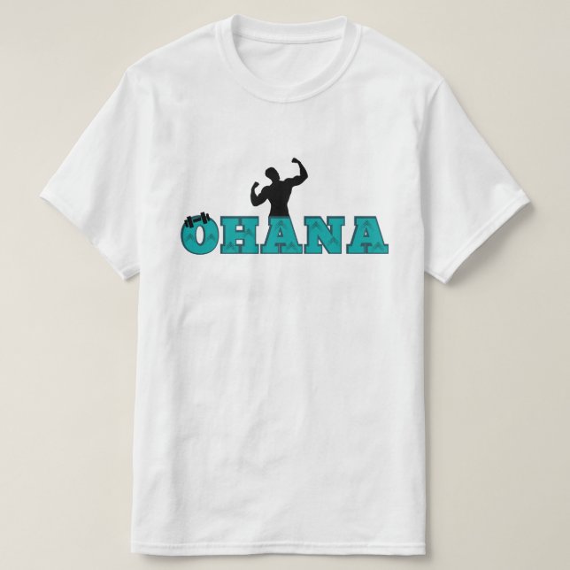 Camiseta projeto de ginástica de ohana com texto azul e roc (Frente do Design)