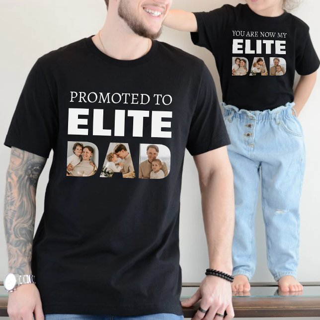 Camiseta Promovido a Colagem de Fotos do Pai Elite Preto (Promoted to Elite Dad Photo Collage Black T-Shirt
)
