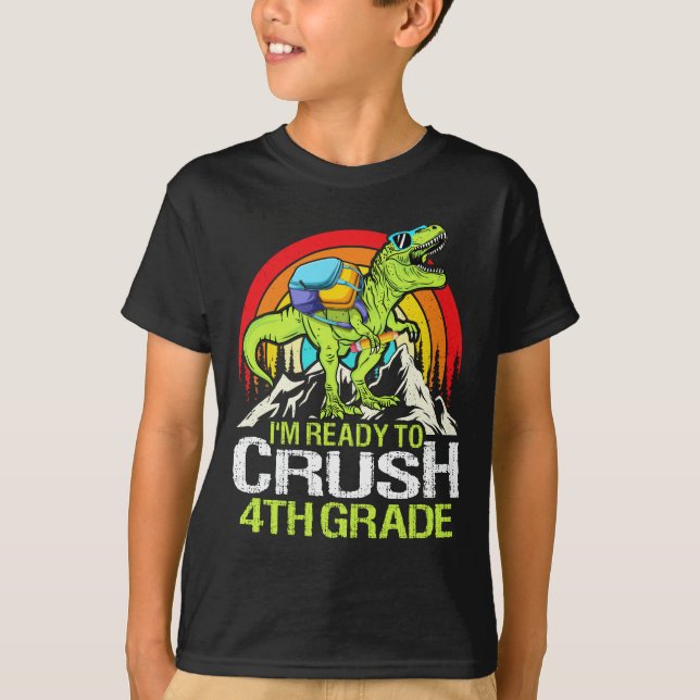 Camiseta Pronto Para Esmagar O 4º Ano De Volta Ao Dinossaur (Frente)