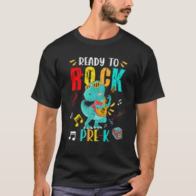 Camiseta Pronto Para Rock Pre K Rex Tocando Violão (Frente)