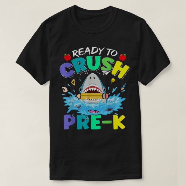 Camiseta Prontos Para Esmagar O Garoto De Tubarão Pré-K No  (Frente do Design)