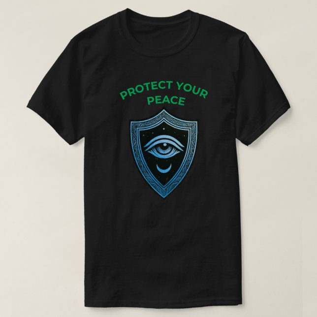 Camiseta Protect Your Peace with Shield Eye and Moon Symbol (Frente do Design)