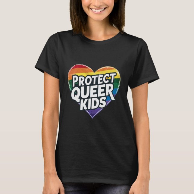 Camiseta Proteja Crianças Queer  Coração Arco-íris  Orgulho (Frente)