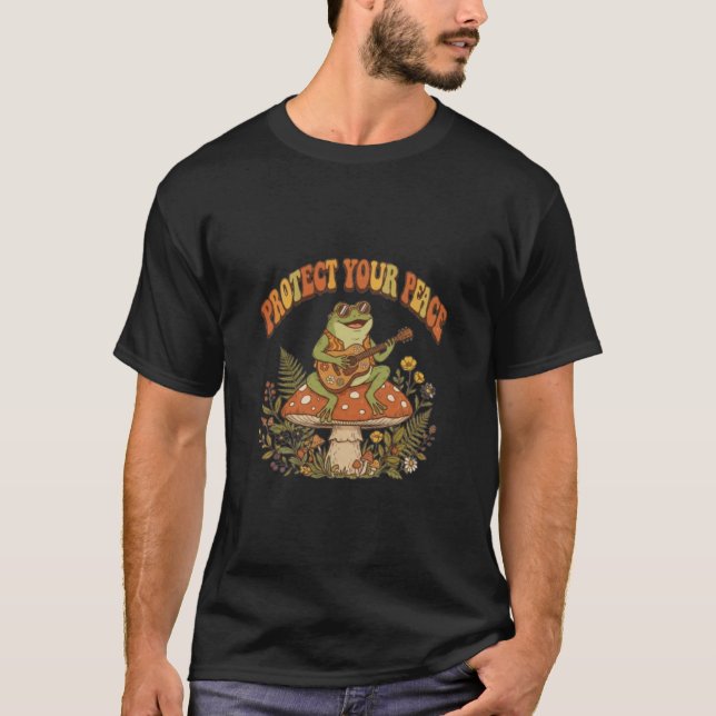 Camiseta Proteja Sua Paz Sapo Retro Violão Cogumelo (Frente)