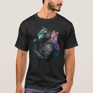 Camiseta Protetor de Gato Cibernético Punk Synthwave Leitur