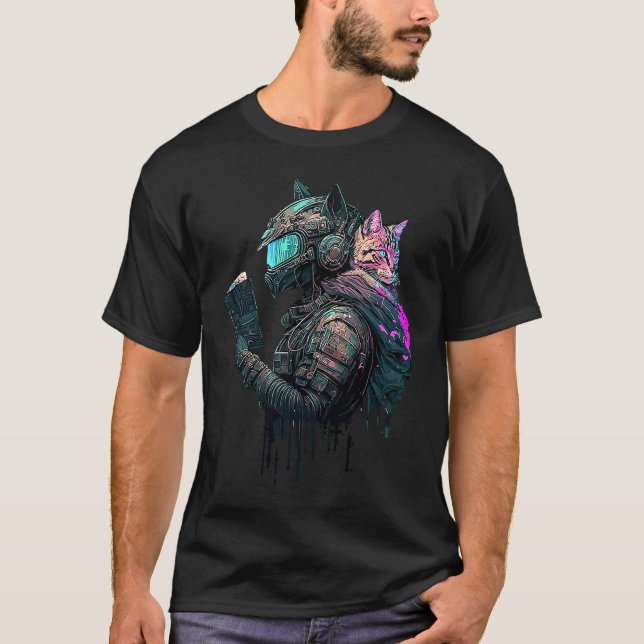Camiseta Protetor de Gato Cibernético Punk Synthwave Leitur (Frente)