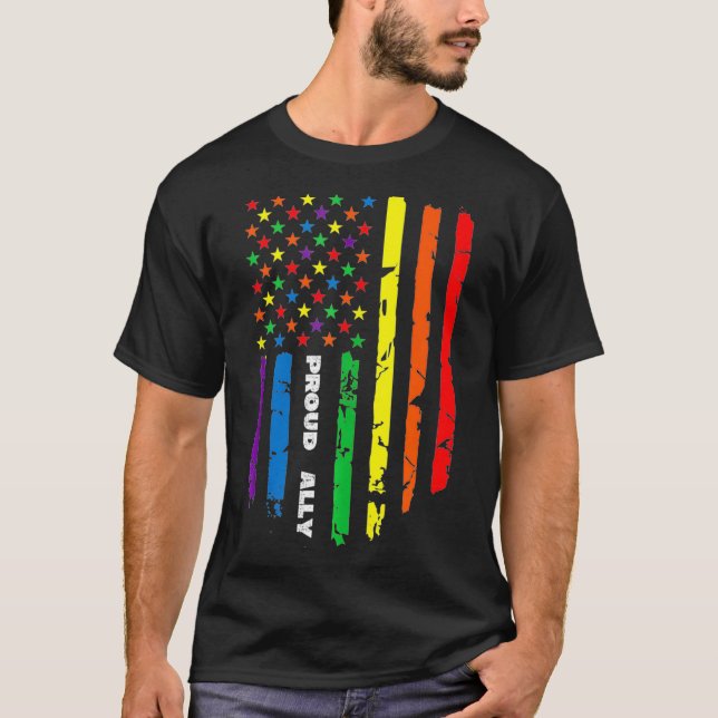 Camiseta Proud Ally Rainbow Gay American Flag LGBT Pride mo (Frente)
