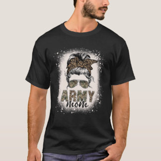 Camiseta Proud Army Mom Women Leopard Camo Messy Bun Bleach