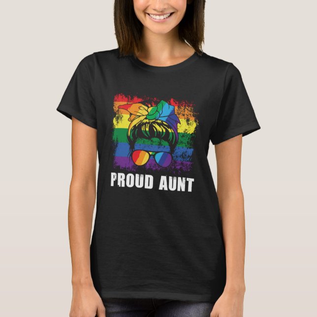 Camiseta Proud Aunt Messy Hair Bun Rainbow Auntie Aunty LGB (Frente)