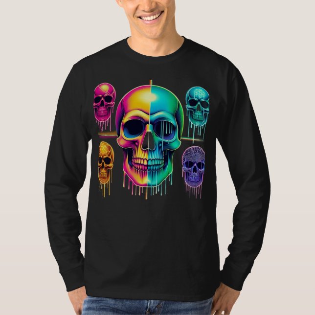 Camiseta Psicodélicos Neon Skulls: Uma Arte Digital Vibrant (Frente)