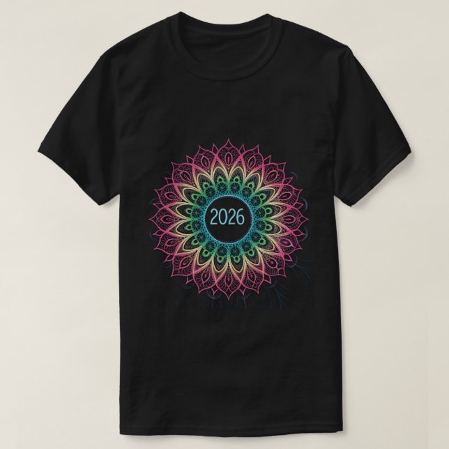 Camiseta Psychedelic Fractal Mandala 2026 Design with Neon  (Frente do Design)
