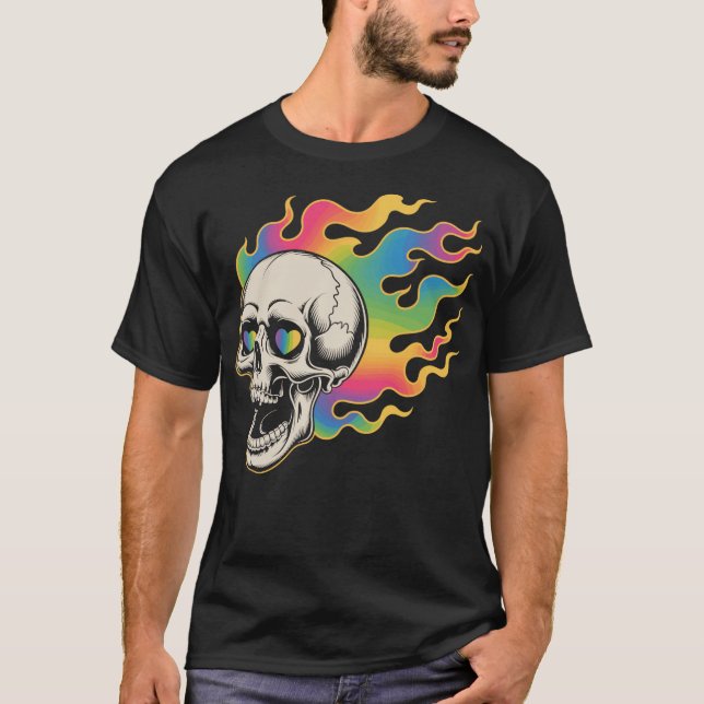 Camiseta Psychedelischer Totenkopf im Feuerdesign (Frente)
