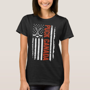 Camiseta Puck Divertido Canadá EUA Hóquei Vintage Bandeira