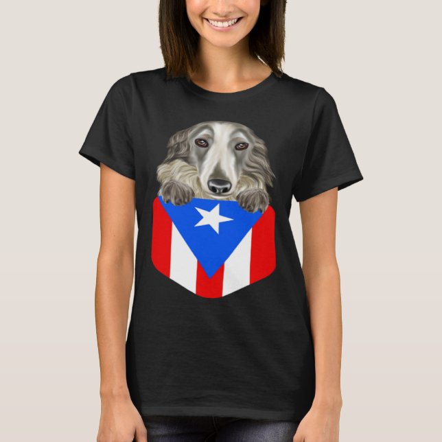 Camiseta Puerto Rico Flag Borzoi Dog In Pocket (Frente)