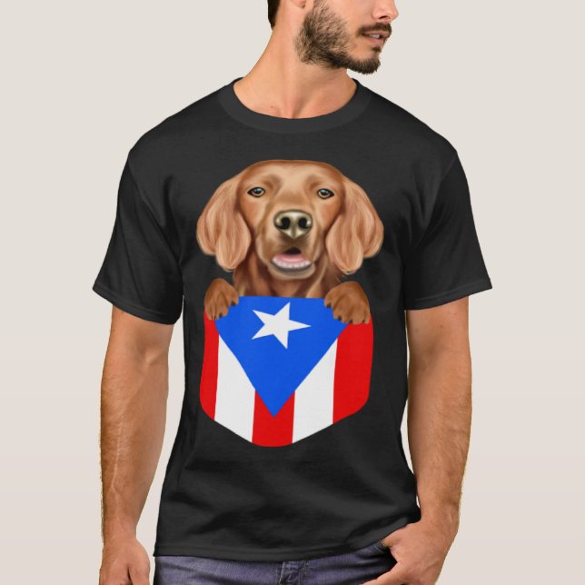 Camiseta Puerto Rico Flag Irish Setter Dog In Pocket (Frente)