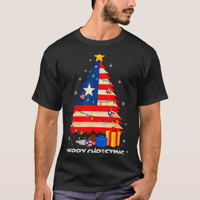 Camiseta Puerto Rico Flag Tree Lights Christmas Pajamas -co (Frente)