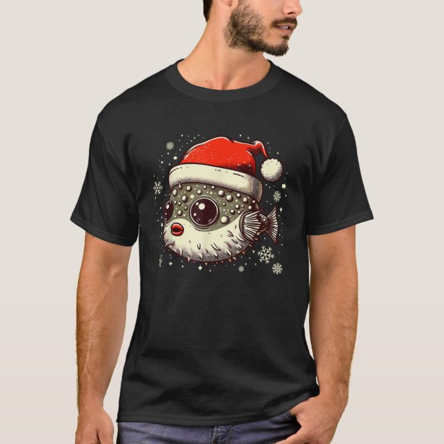 Camiseta Pufferfish Christmas Santa Hat Puffer Fish Lovers  (Frente)