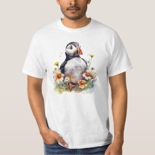 Camiseta Puffin de Aquarela em um Campo de Flor Colorido