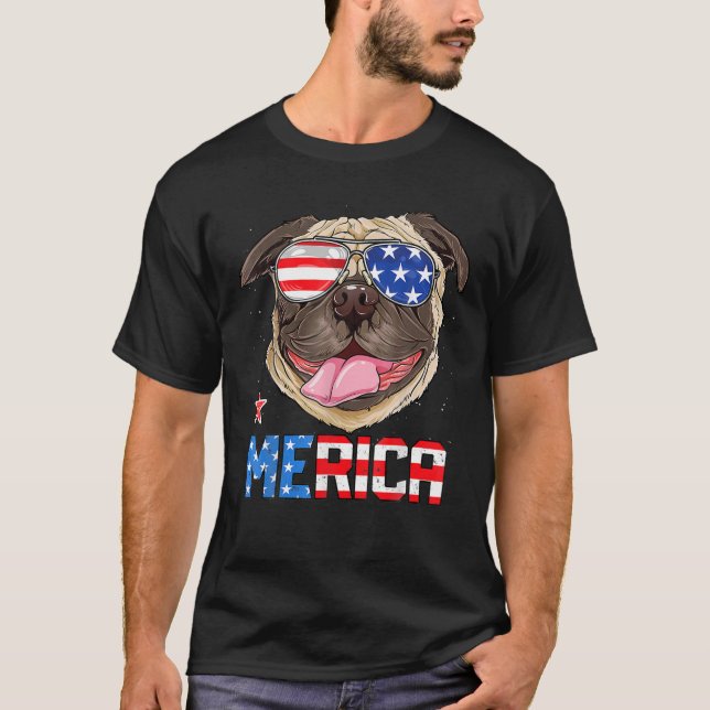Camiseta Pug 4 De Julho Merica Men Women USA Flag Americano (Frente)