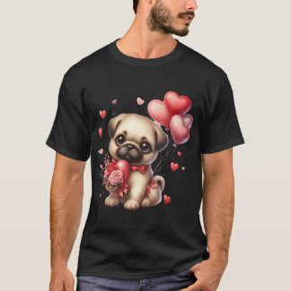 Camiseta Pug adorável com um belo coração e rosas