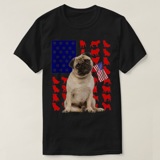 Camiseta Pug American Flag 4° De Julho Dog Lover USA Patrio (Frente do Design)