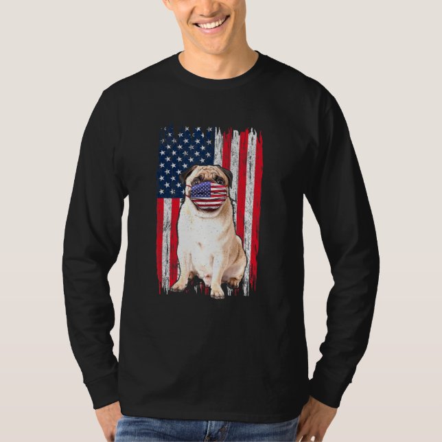 Camiseta Pug American Flag Dog Veste A Máscara 4 De Julho (Frente)