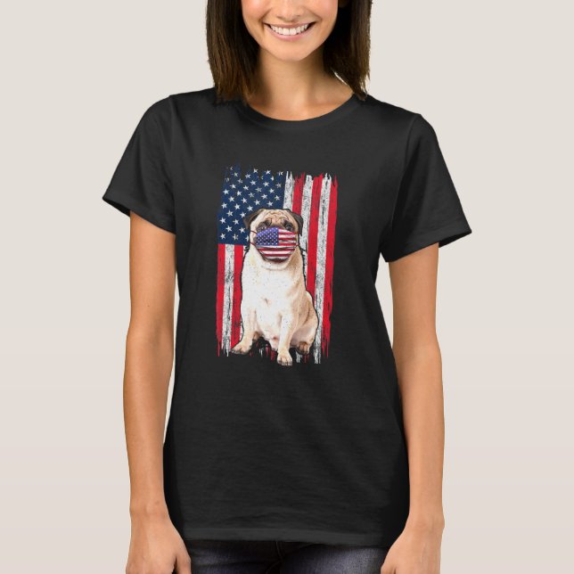 Camiseta Pug American Flag Dog Veste A Máscara 4 De Julho (Frente)