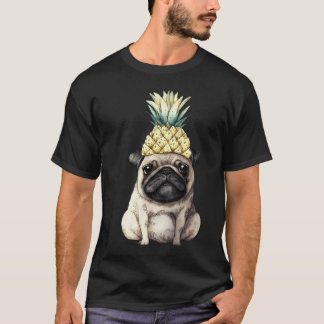 Camiseta Pug aquarela com uma coroa de abacaxi. Pug engraça