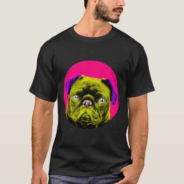 Camiseta Pug Bolha Cor-de-Rosa Pop Art 843 (Frente)