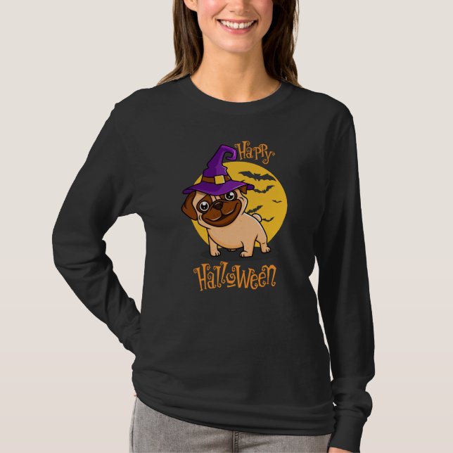 Camiseta Pug Bonito Com Halloween De Bruxas Roxas (Frente)