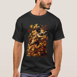 Camiseta Pug brincalhão com folhas de outono Estética da te