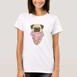 Camiseta Pug Cachorro Cachorro Cor-de-rosa Sorvete Waffle A