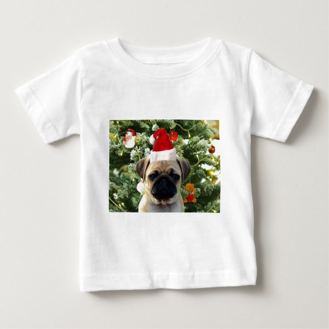 Camiseta Pug Cachorro Cachorro Pomada em Árvore de Natal Sn (Frente)