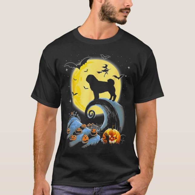 Camiseta Pug Cão E Lua Halloween Engraçado  (Frente)